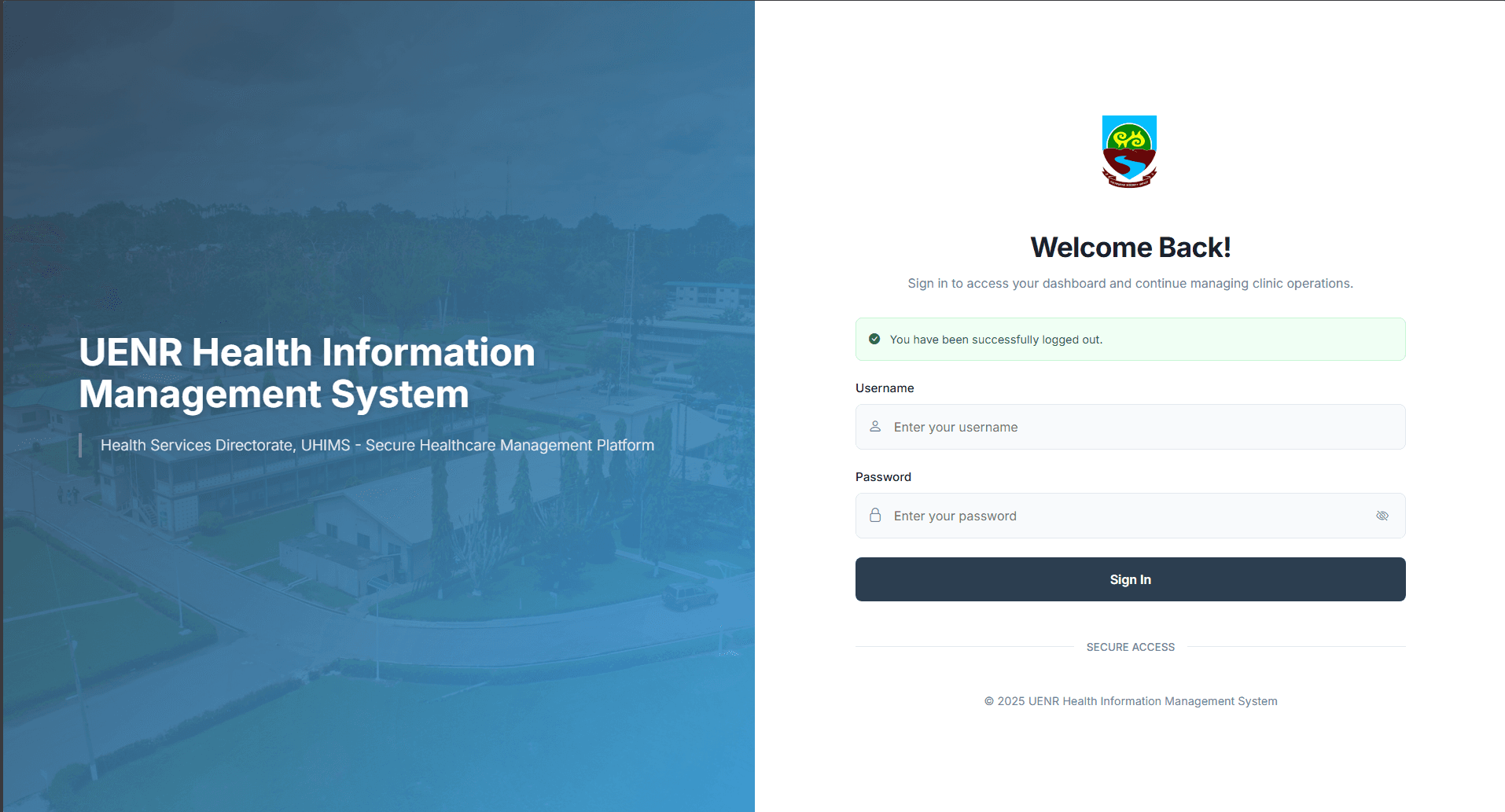 UENR Health Information Management System login page